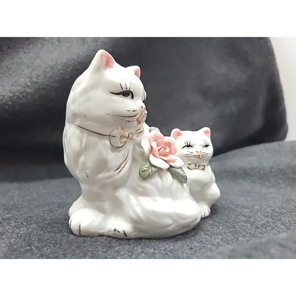 Vtg‎ Porcelain White Persian Mom & Baby Cat Figurine Rose Gold Accents 5
